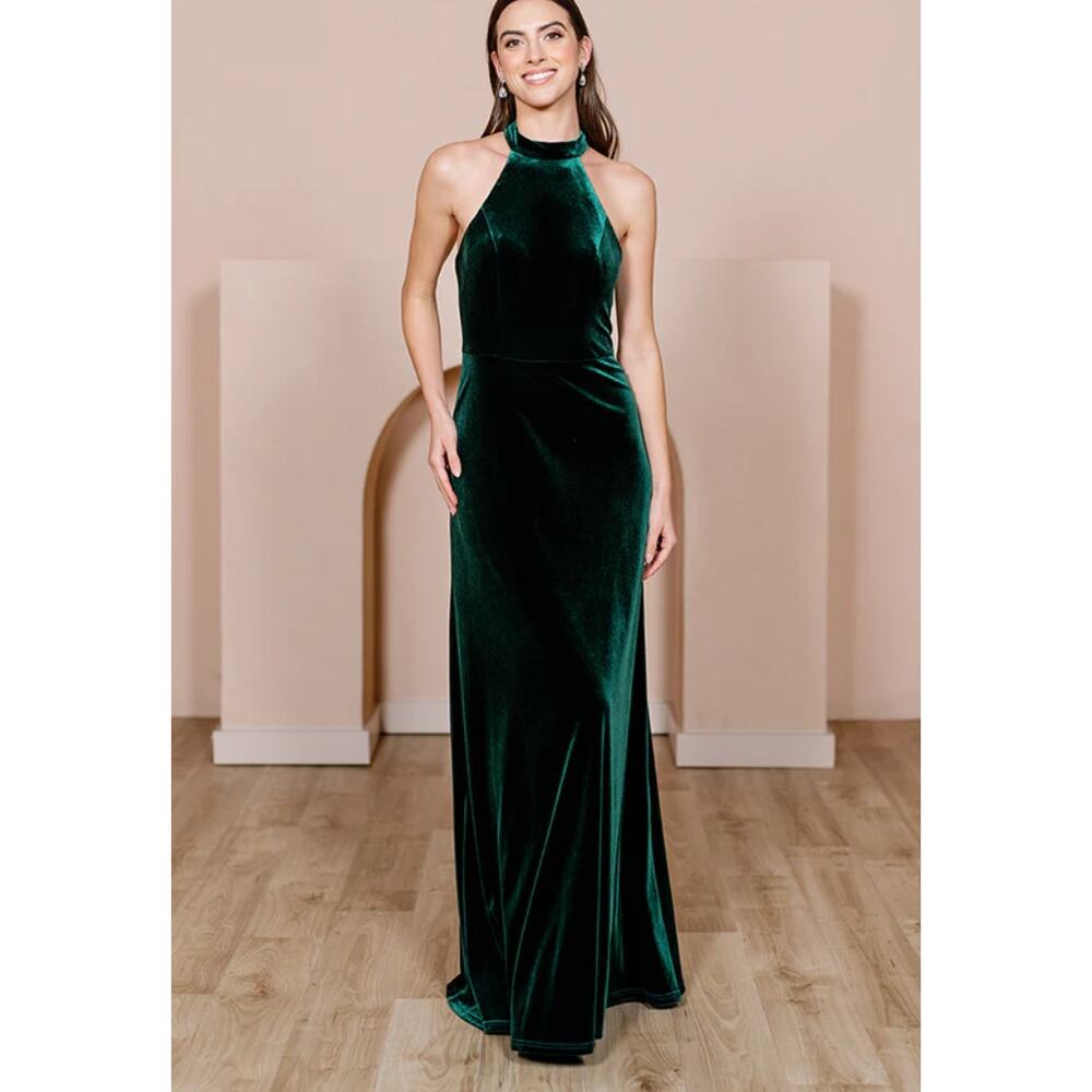 Revelry Tori Velvet Dress in Emerald 4 Halter Neck Open Back Bridesmaid Wedding - Picture 2 of 14